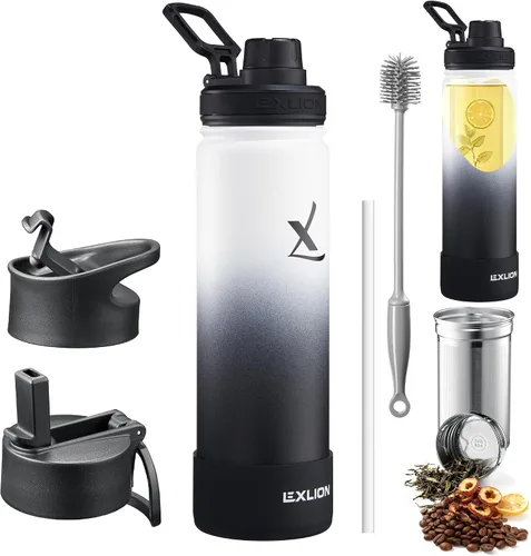 Miniatura 15 de Lexlion Botella de Agua con Infusor de Té 32 Oz – Termo de Acero Inoxidable con Triple Pared Aislada, Colador para Hojas Sueltas y Frutas, 3 Tapas a