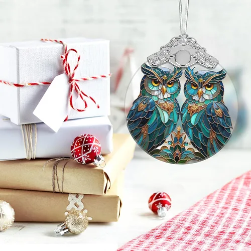 Miniatura 6 de Adorno de Navidad, Adornos 2025 para Árbol de Navidad, Adorno Colgante de Vidrio Emplomado, Adornos Navideños, Idea de Regalo Única - Un Par de Búhos