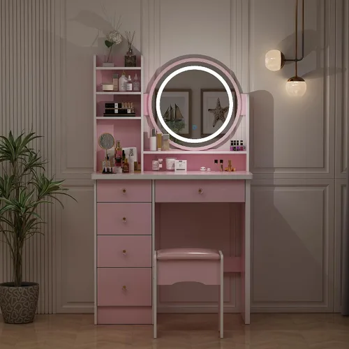 Miniatura 2 de AIEGLE Juego de tocador de maquillaje iluminado, espejo LED de 3 colores, cajones y taburete acolchado, espejo redondo rosa