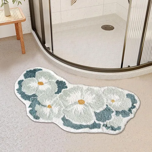 Alfombra de baño curvada en forma de flor verde, de 40 x 19 pulgadas, antideslizante, absorbente de agua, bonita alfombra floral para tina, alfombra