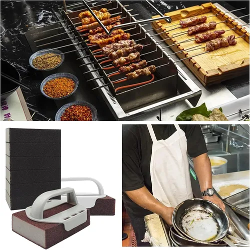 Miniatura 7 de 8 piezas de ladrillos de limpieza de ladrillos de limpieza de parrilla con 2 piezas de mango superior plano para eliminar manchas al aire libre