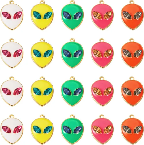 20 dijes de 5 colores esmaltados de alienígena con diamantes de imitación, bonita cabeza de alienígena, decoración para aretes, Mardi Gras, joyería,