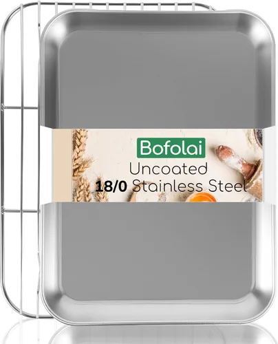 Miniatura 10 de Juego de 4 bandejas para hornear de acero inoxidable 18/0 con estante de enfriamiento, aptas para horno, no tóxicas, para hornear, sin revestimiento