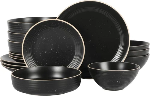 Gibson Home Dinah - Juego de vajilla de cerámica negra mate de 16 piezas, doble tazón, diseño moteado en relieve, juego de vajilla duradero Negro