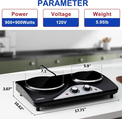 Miniatura 6 de Placa caliente, estufa eléctrica CUSIMAX de 1800 W, doble quemador, placa de cocina infrarroja de cerámica portátil, quemadores de control dual