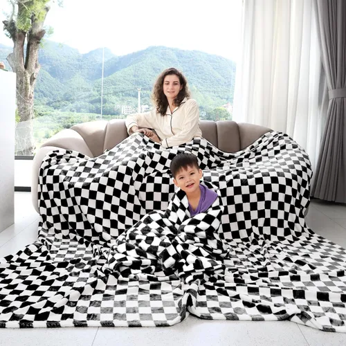 Miniatura 6 de Manta Negra a Cuadros Suave y Mullida Manta de Forro Polar Negra Mantas a Cuadros Regalos Decoración para Niñas y Mujeres