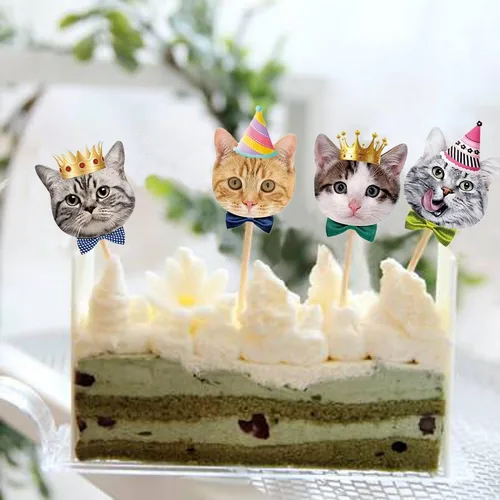 Miniatura 5 de TSJ 24 adornos para cupcakes de gatos, caras de gatos, decoración temática de gatitos, palillos de dientes para fiestas, baby shower