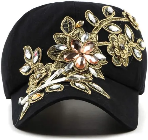 Miniatura 3 de Gudessly Bling - Gorra de béisbol para mujer, diseño de flores, con diamantes de imitación, ajustable, de mezclilla