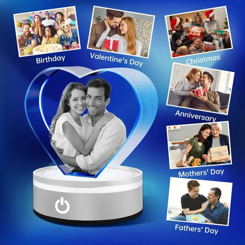 Miniatura 4 de Foto de cristal personalizada, grabado con láser, foto de cristal de corazón personalizada con base de luz LED, regalo para Navidad, cumpleaños