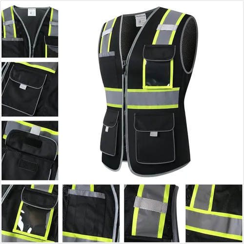Miniatura 4 de Chaleco de seguridad para mujeres, chaleco de trabajo reflectante de alta visibilidad con 9 bolsillos múltiples y cremallera Negro