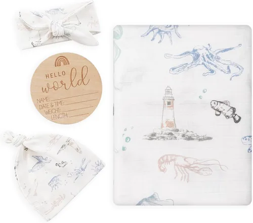 Miniatura 17 de BabyWhale Manta de muselina para envolver con sombrero y vincha con moño, juego de manta con estampado de animales para bebés niños y niñas, manta