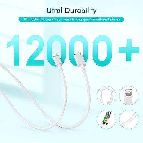 Miniatura 3 de Cargador rápido para iPhone, cable USB C a Lightning de carga rápida extra largo de 10 pies con bloque de cargador USB C para iPhone 20 W, enchufe