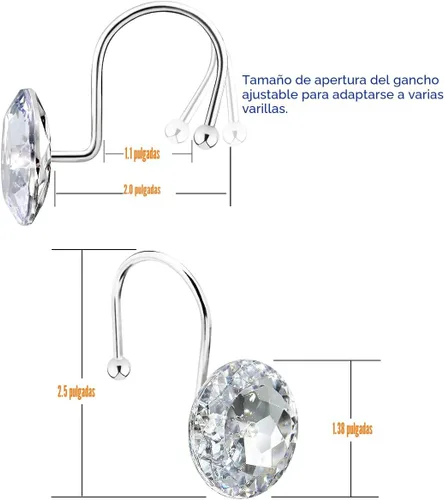 Miniatura 2 de 12 piezas de ganchos para cortina de ducha para baño, ganchos para cortinas de ducha de acero inoxidable resistentes al óxido con strass decorativos