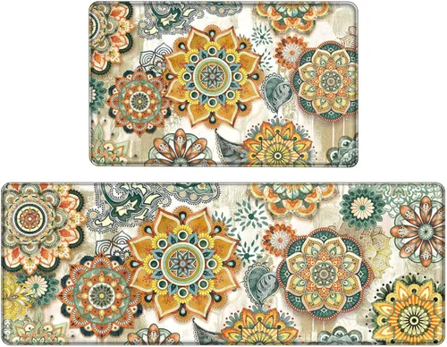 Miniatura 10 de Alfombras de Cocina Florales para Suelo de 2 Piezas con Flores Alfombras de Cocina Anti Fatiga Antideslizantes Acolchadas Cómodas para Estar de Pie