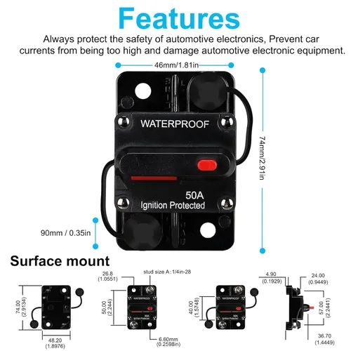 Miniatura 3 de Generic Disyuntor impermeable de 50 amperios, portafusibles, disyuntor de audio, con reinicio manual, 12V-48V CC, 30A-300A, para sistema de audio