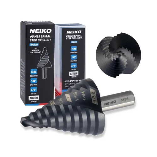 Miniatura 31 de NEIKO 10602B Step Drill Bit, 13 Steps 1/8" to 1/2" Spiral M35 Cobalt, AlTiSiN Coated, 1/4" Quick Change Step Bits for Steel, Metal, Wood, Plastic