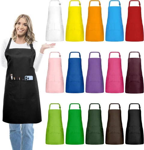 15 delantales para adultos a granel con bolsillos, delantal de chef ajustable para mujeres y hombres, pintura, cocina, manualidades (S/L)