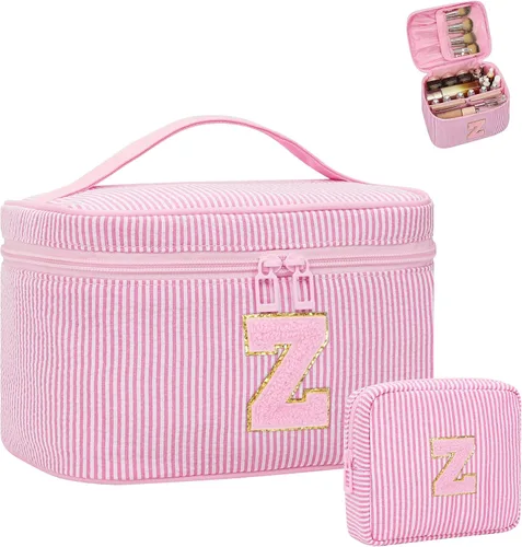 Miniatura 40 de Juego de bolsas de maquillaje con iniciales para niñas y mujeres, bolsa de cosméticos con monograma con soporte para cepillos, estuche de maquillaje