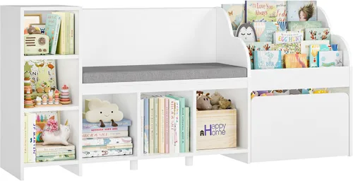 Miniatura 8 de HOSTACK Rincón de lectura para niños de 67 pulgadas de ancho con organizador de almacenamiento de juguetes, estantería grande para niños con caja