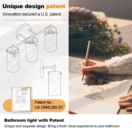 Miniatura 5 de Lámparas de baño de 3 luces actualización 2023, luces de tocador modernas de bronce frotado con aceite con pantalla de vidrio transparente, apliques