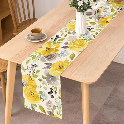 Miniatura 5 de Seliem Camino de mesa de flores florales amarillas primaverales, peonía rosa, acuarela, decoración de mesa de comedor, arpillera de verano