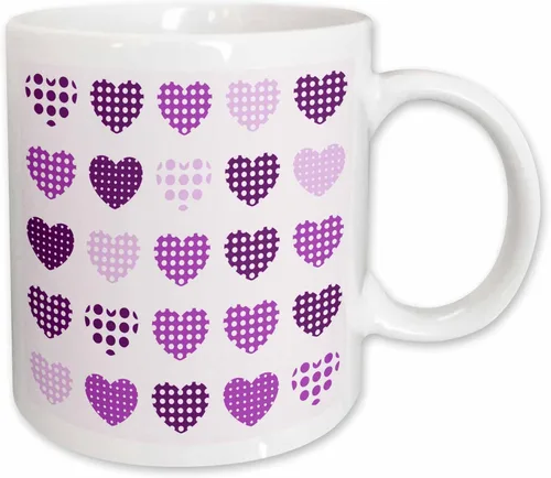 Miniatura 14 de 3dRose Taza de café, tamaño: 15 onzas, patrón de corazones de lunares morados y blancos en una fila, divertido regalo de taza de café