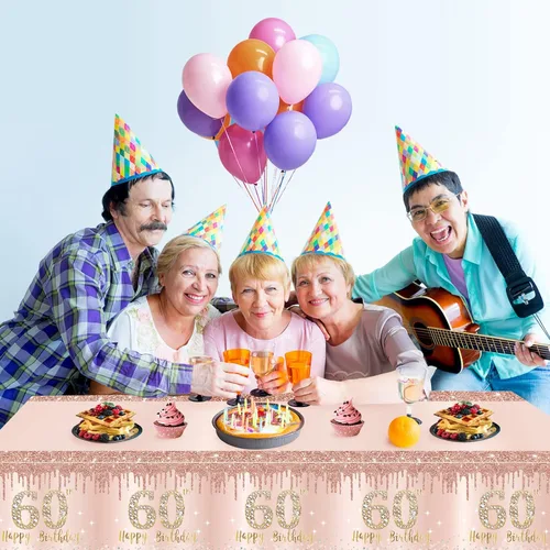 Miniatura 5 de Excelloon Paquete de 3 manteles para mesa de cumpleaños de 60 años, color rosa dorado y rosa, suministros para fiestas, mantel rectangular