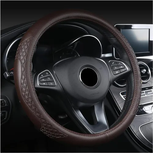 AUCELI Funda para volante de automóvil, 14 1/2-15 pulgadas, antideslizante, de piel suave y transpirable, protector de volante automotriz, Café