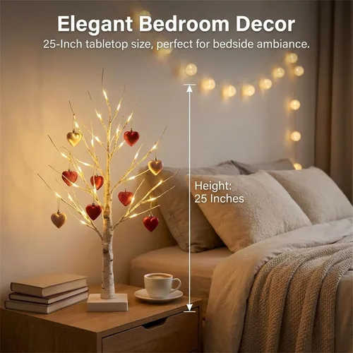 Miniatura 4 de Lámpara romántica de abedul en forma de corazón, árbol de abedul blanco iluminado con 24 luces LED y 18 corazones colgantes, decoración de mesa a