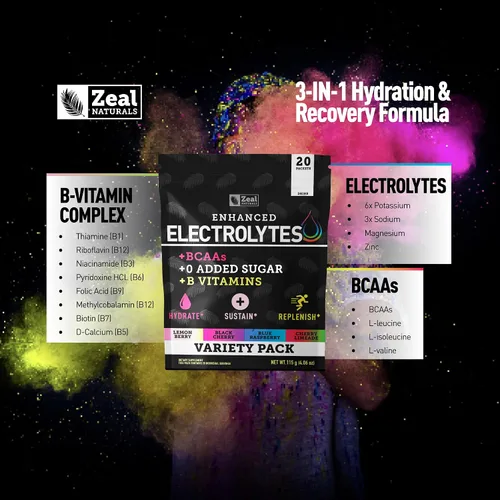 Miniatura 6 de Zeal Naturals Paquetes de electrolitos mejorados en polvo (paquete variado, 20 paquetes) sin azúcar + vitaminas B BCAA y sal rosa del Himalaya
