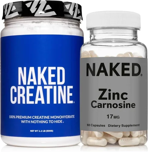 NAKED Carnosina de zinc 17 mg (60 cápsulas) + monohidrato de creatina micronizada NAKED Pure 17.64 oz (100 porciones) – Vegano; Sin OGM; Sin gluten;