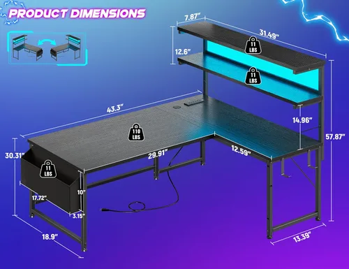 Miniatura 3 de DurayLoly Escritorio en forma de L para juegos con luz LED y toma de corriente, escritorio reversible en forma de L para computadora de 43.3