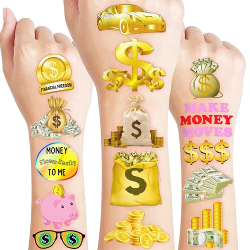 96 tatuajes temporales precortados con dinero divertido para niños, tatuajes falsos realistas para regalos de fiesta de cumpleaños, premios