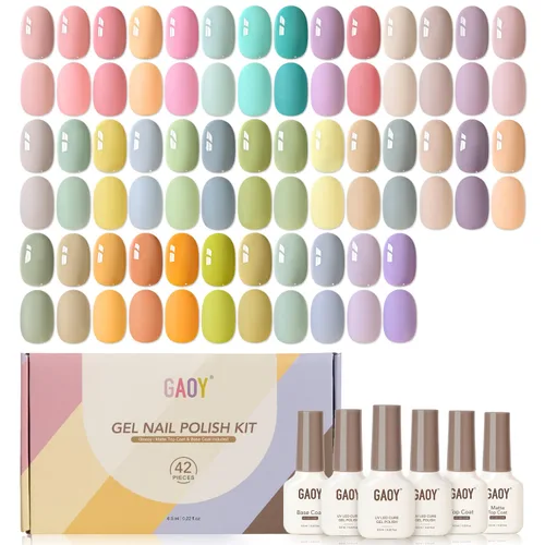 GAOY Juego de 42 esmaltes de uñas de gel, colores pastel, primavera, verano, rosa, verde, con capa superior brillante y mate y capa base para salón