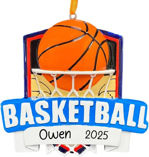 Miniatura 8 de Adorno de Navidad personalizado de baloncesto 2026 Bola B con estrellas doradas y aro de canasta para árbol de Navidad Recuerdo único