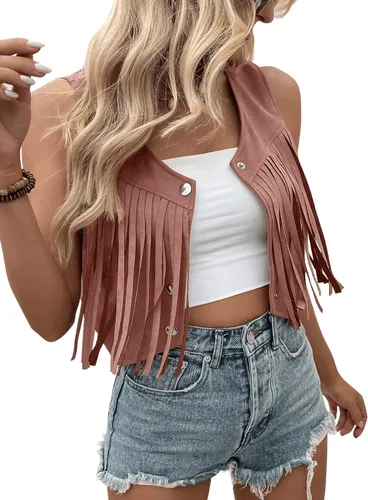 Miniatura 3 de SweatyRocks Chaleco corto sin mangas con flecos de gamuza para mujer, chaqueta con botones frontales