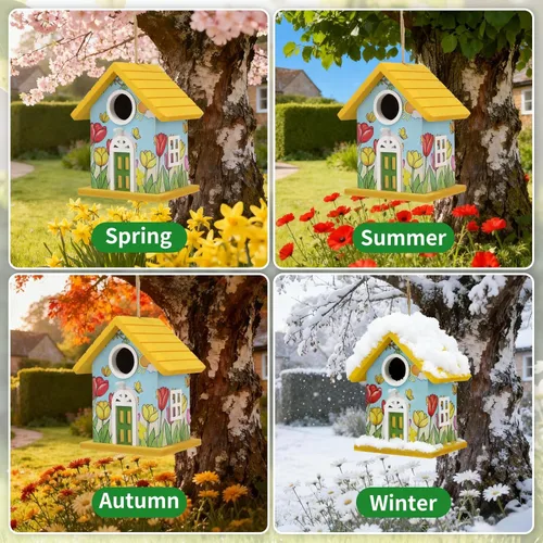 Miniatura 3 de Casas de madera para pájaros para exteriores, casa de pájaros de madera amarilla para exteriores, tulipanes pintados a mano, casas de pájaros