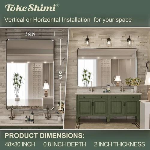 Miniatura 4 de TokeShimi - Espejo para pared de baño, espejo de tocador con marco de metal de aleación de aluminio mate cepillado e inoxidable, decoración rústica
