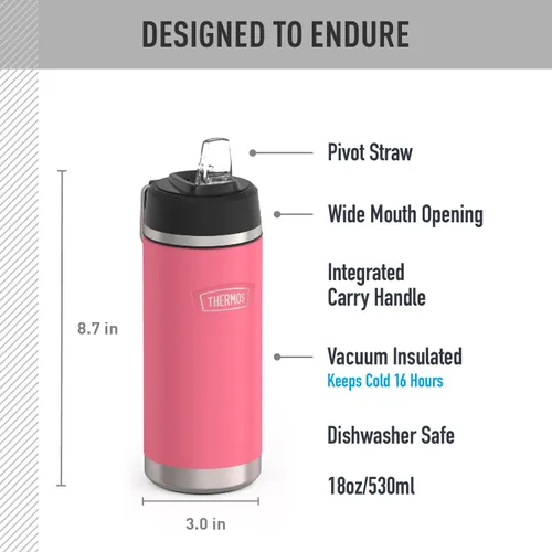 Miniatura 2 de THERMOS ICON SERIES - Botella de agua aislada con tapa con popote, 18 onzas, rosa intenso, botella de agua aislada al vacío de acero inoxidable