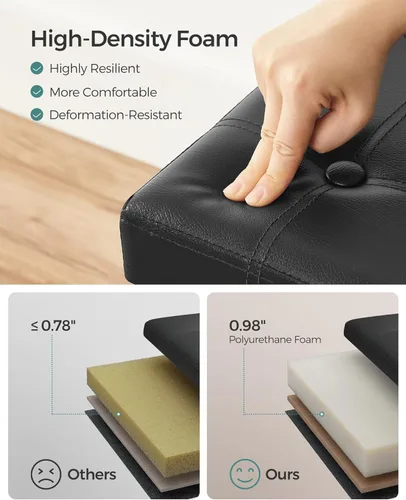 Miniatura 5 de Otomana plegable por Songmics, cubo de almacenamiento de 15 pulgadas con agujero y asa, piel sintética, Madera, Negro