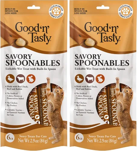 Miniatura 18 de Good 'n' Tasty Cucharas sabrosas con pato real, carne de res y conejo, tubo de 6 unidades, golosinas húmedas exprimibles de triple sabor para gatos