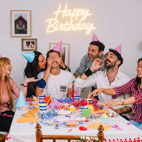 Miniatura 3 de Letrero de neón de feliz cumpleaños blanco cálido, luz de neón LED para decoración de fiesta de cumpleaños, alimentado por letreros de neón USB