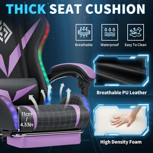 Miniatura 6 de Silla de juegos RGB con masaje y luces LED, silla de computadora ergonómica con reposapiés, silla reclinable de respaldo alto para videojuegos