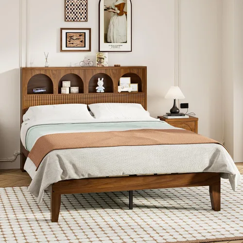 Miniatura 3 de Lxsxlome Base de cama matrimonial con cabecera ondulada, cabecera de almacenamiento con 4 compartimentos de almacenamiento arqueados, marco de cama