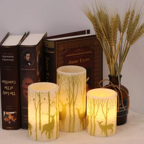 Miniatura 3 de GenSwin Velas parpadeantes sin llama que funcionan con pilas con temporizador de 6 horas, velas LED de cera real, calcomanías de ciervo, luz cálida