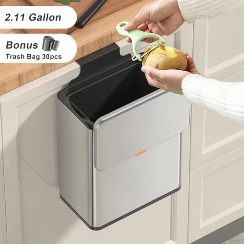 Miniatura 2 de Mbillion - Bote de compostaje de cocina colgante con tapa, bote de basura de acero inoxidable de 2.1 galones (8 litros) para puerta de gabinete
