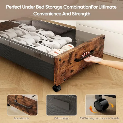 Miniatura 4 de KITHELP Almacenamiento de madera debajo de la cama con ruedas, contenedores de almacenamiento rodantes debajo de la cama con tapa extraíble, cajones