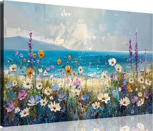 Miniatura 40 de TutuBeer 1 obra de arte de campo de flores silvestres, campo rústico de flores silvestres en la playa, arte de pared vintage, impresiones en lienzo