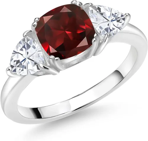 Miniatura 16 de 925 Sterling Silver Gemstone Birthstone and White Moissanite 3-Stone Engagement Ring for Women 7MM Cushion and 5MM Trillion Accents Three Stone