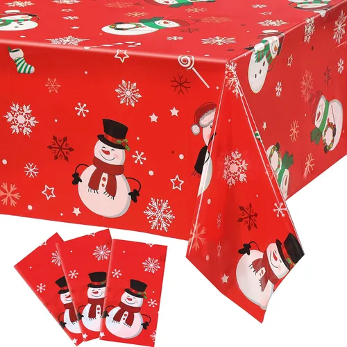 Miniatura 9 de Irenare 1 pieza de mantel de Navidad con muñeco de nieve de invierno, cubierta de mesa de muñeco de nieve de plástico desechable con copo de nieve